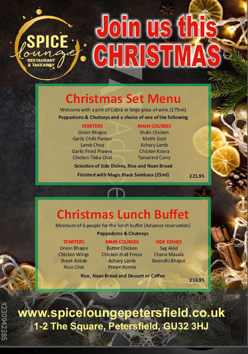 Spice Lounge Petersfield Christmas 2019 - Restaurants Petersfield - Authentic Indian Cuisine Hampshire - Free Local Delivery Takeaway Menu & Weekly Offers